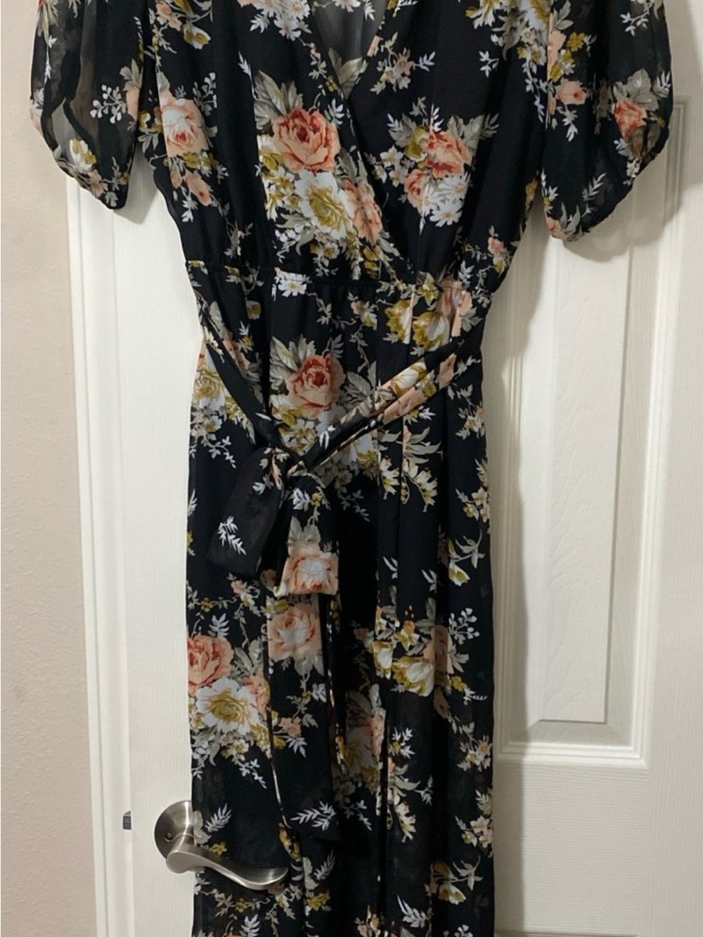 Floral Wrap Maxi Dress in Black and Peach